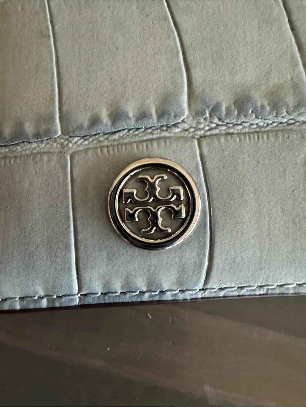Tory Burch Pale Blue Croc-Embossed Zip Card Case